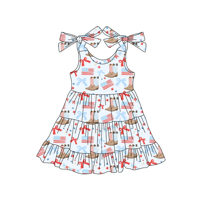 5.1 Preorder moq 5 Baby Girls Strap Flags Boots 4th Of July Knee Length Dresses