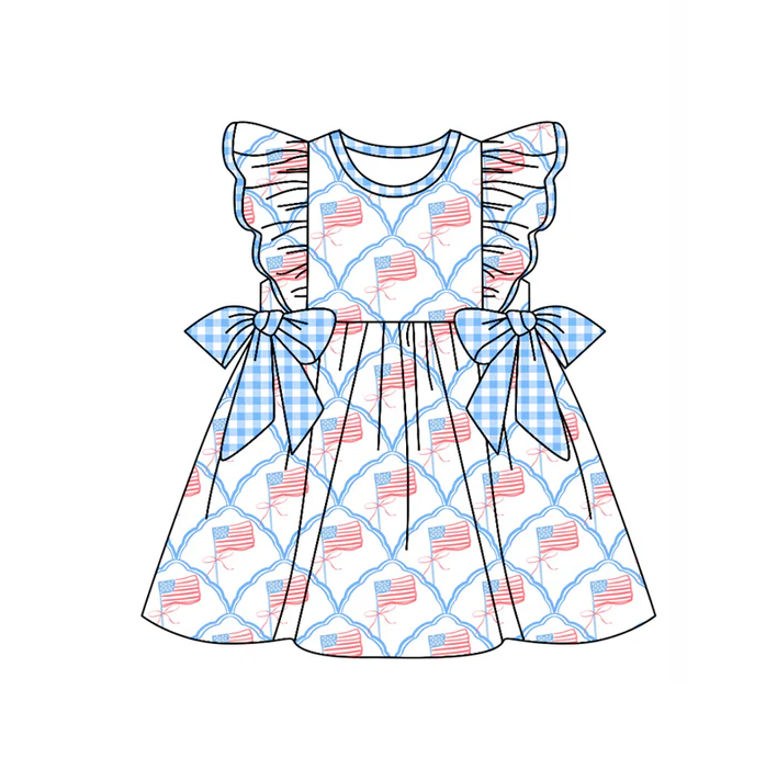 5.1 Preorder moq 5 Baby Girls Flutter Sleeves Flags Plaid 4th Of July Knee Length Dresses
