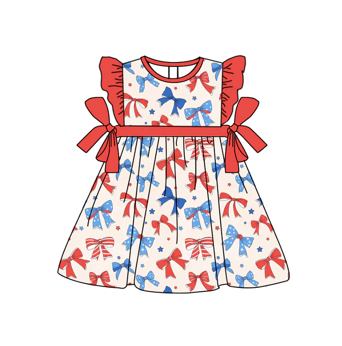 5.1 Preorder moq 5 Baby Girls Red Flutter Sleeves Stars Bows 4th Of July Knee Length Dresses