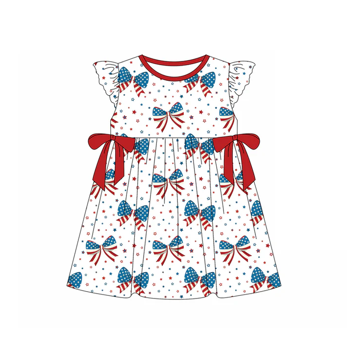 5.1 Preorder moq 5 Baby Girls Flutter Sleeves Blue Red Stars Bows 4th Of July Knee Length Dress