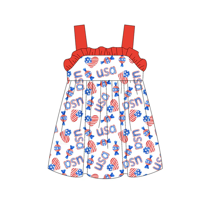 5.1 Preorder moq 5 Baby Girls Strap Blue Red Flag Hearts Candy 4th Of July Knee Length Dresses