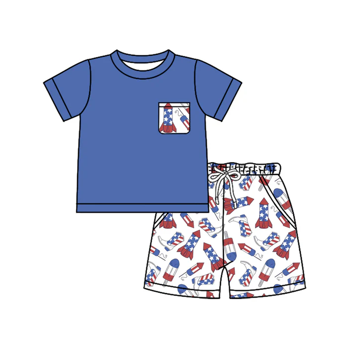 5.2 Preorder moq 5 Baby Boys Navy Short Sleeves Pocket Top Boots Firework Short 4th Of July Set