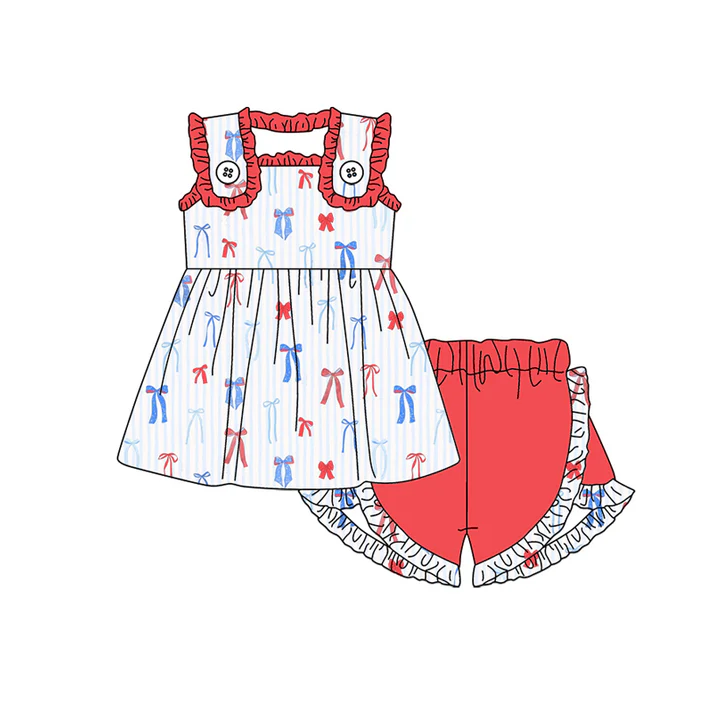 5.2 Preorder moq 5 Baby Girls Sleeveless Blue Red Bows Tunic Ruffle Short 4th Of July Set