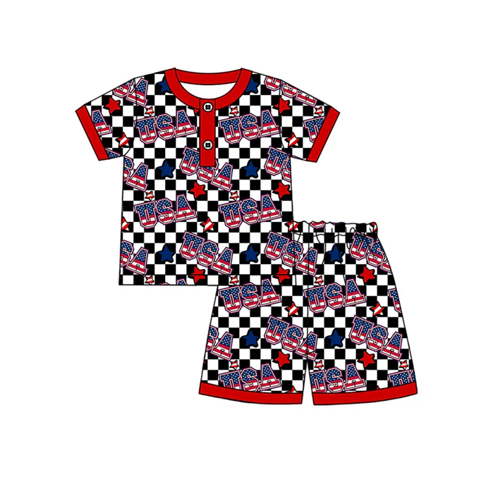 5.2 Preorder moq 5 Baby Boys Short Sleeves Black Stars USA Button Top Short 4th Of July Pajamas Set