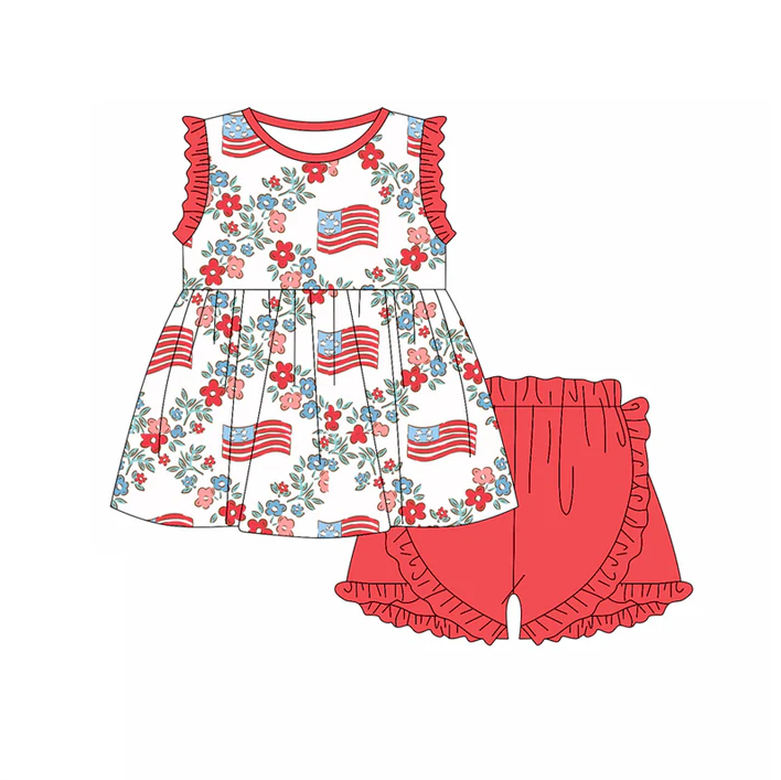5.2 Preorder moq 5 Baby Girls Peach Sleeveless Flags Flowers Tunic Ruffle Short 4th Of July Set