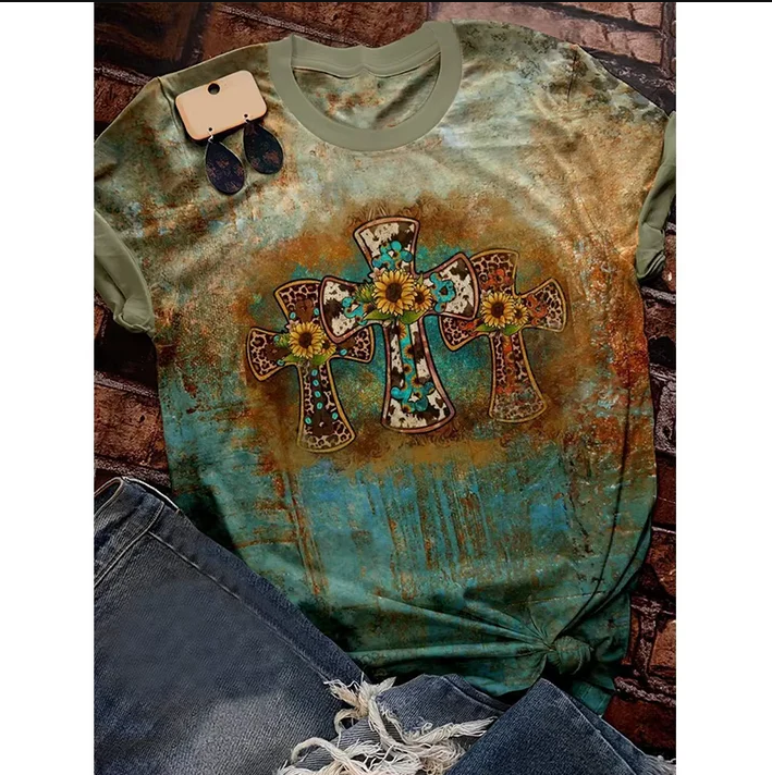 5.5 Preorder moq 5 Adult Women Western Cross sunflowers Bleached Tee Shirts Tops