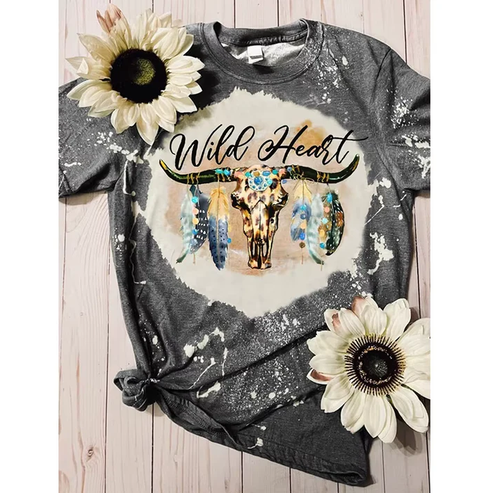 5.5 Preorder moq 5 Adult Women Western Wild Heart Cow Feather Bleached Tee Shirts Tops