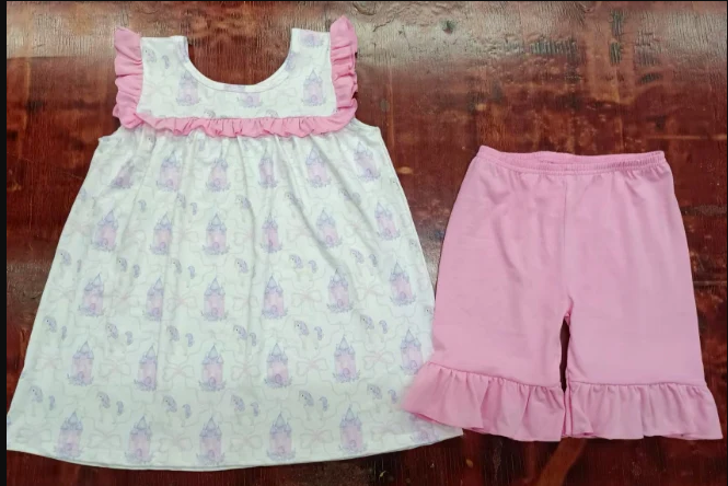 5.6 Preorder moq 5 Baby Girls Sleeveless Pink Castle Horses Tunic Ruffle Short Set