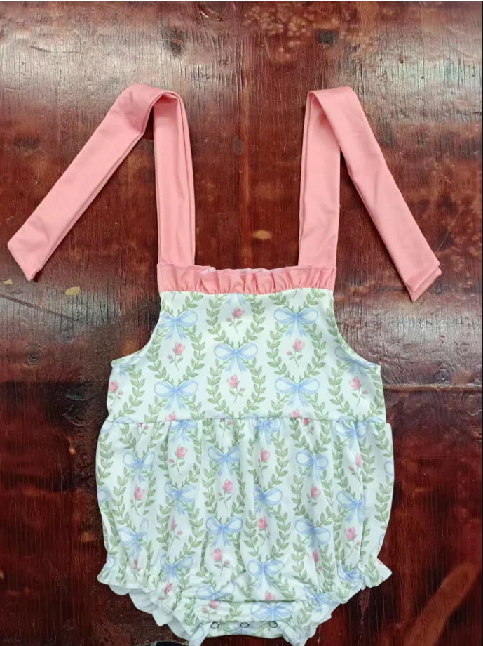5.6 Preorder moq 5 Baby Girls Peach Strap Flowers Bows Plaid Ruffle Rompers