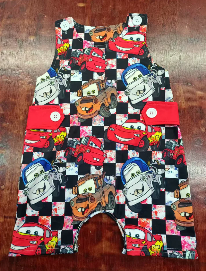5.6 Preorder moq 5 Baby Boys Sleeveless Cartoon Cars Button Rompers