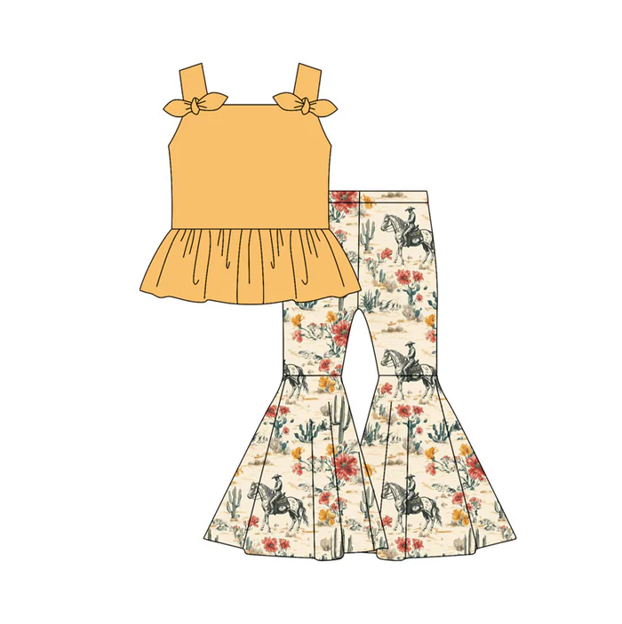 5.7 Preorder moq 5 Baby Girls Yellow Strap Bows Tunic Horse Rodeos Flowers Bell Bottom Pants Set