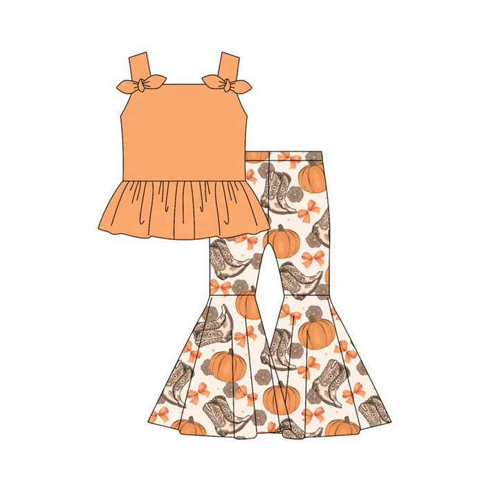 5.7 Preorder moq 5 Baby Girls Orange Strap Bows Tunic Bows Pumpkins Bell Bottom Pants Set