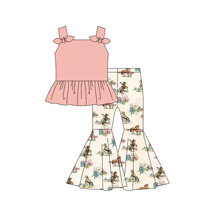 5.7 Preorder moq 5 Baby Girls Pink Strap Bows Tunic Horse Rodeos Bell Bottom Pants Set