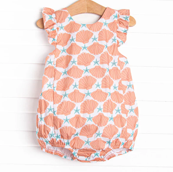 5.7 Preorder moq 5 Baby Girls Flutter Sleeves Starfishes Shell Ruffle Rompers
