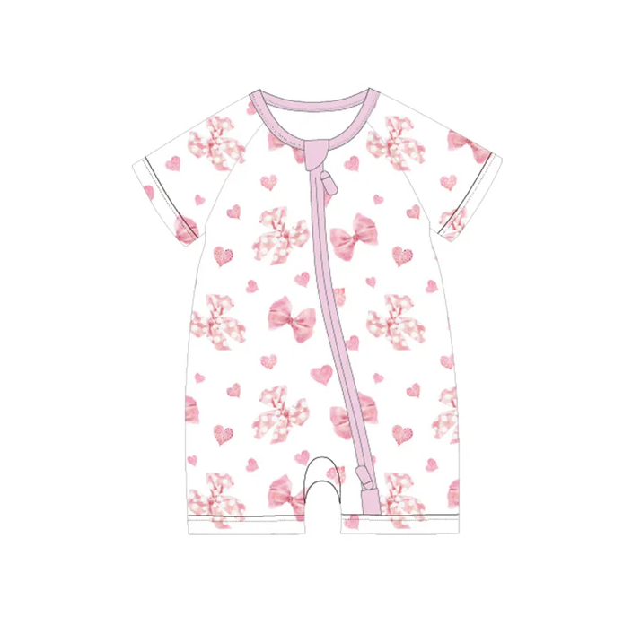 5.7 Preorder moq 5 Baby Girls Short Sleeves Pink Bows Hearts Zipper Rompers