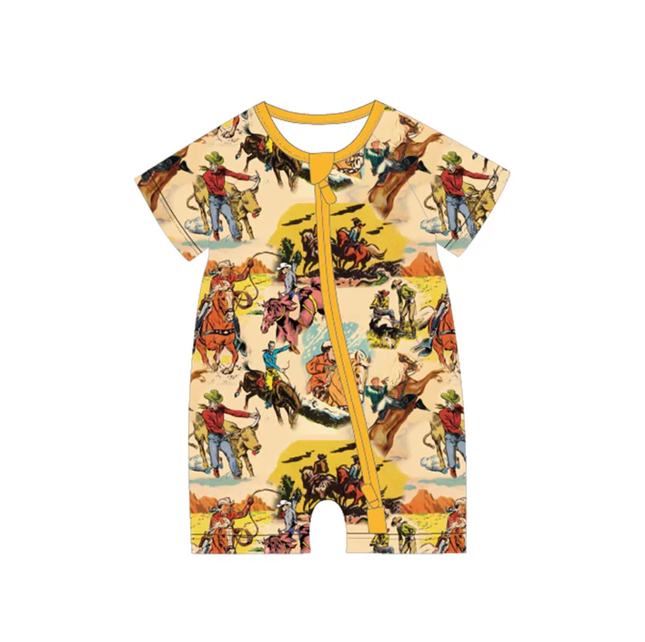 5.7 Preorder moq 5 Baby Boys Short Sleeves Horse Rodeos Zipper Rompers