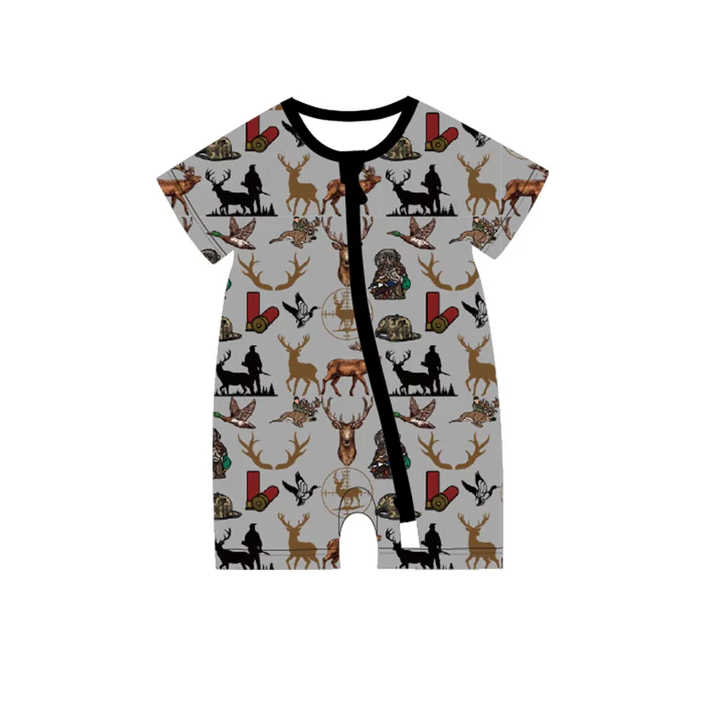 5.7 Preorder moq 5 Baby Boys Gray Short Sleeves Deer Ducks Hunting Zipper Rompers