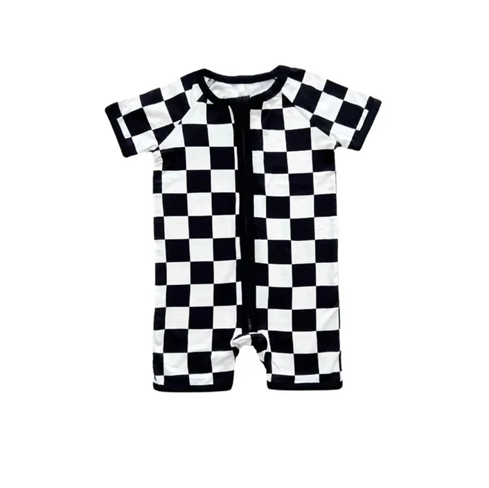 5.7 Preorder moq 5 Baby Boys Short Sleeves Black White Plaid Zipper Rompers