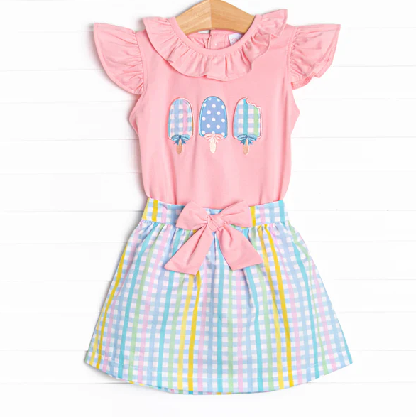 5.7 Preorder moq 5 Baby Girls Pink Flutter Sleeves Popsicle Tunic Plaid Skirts Set