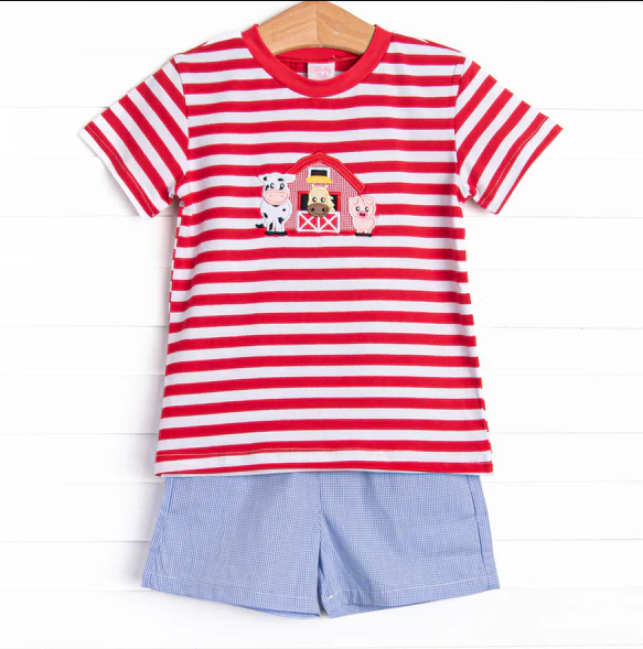 5.7 Preorder moq 5 Baby Girls Red Stripe Short Sleeves Cows House Top Blue Short Farm Set