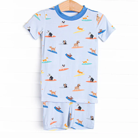 5.7 Preorder moq 5 Baby Boys Blue Short Sleeves Dogs Skiing Top Short Pajamas Set