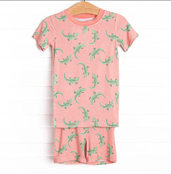 5.7 Preorder moq 5 Baby Girls Peach Short Sleeves Crocodiles Top Short Pajamas Set