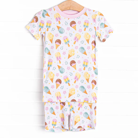 5.7 Preorder moq 5 Baby Girls Short Sleeves Flowers Ice Cream Top Short Pajamas Set