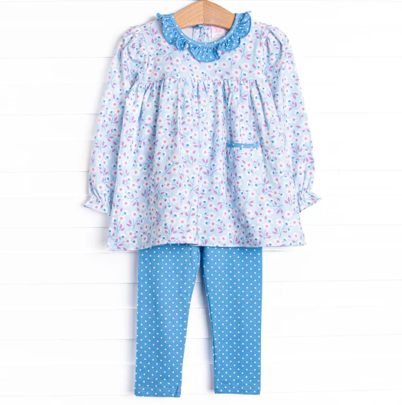 5.8 MOQ 5 Baby Girls Floral Long Sleeve Tunic Top Blue Dot Leggings Set