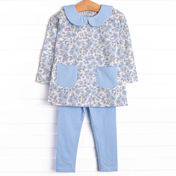 5.8 MOQ 5 Baby Girls Floral Long Sleeve Tunic Top Blue Leggings Set