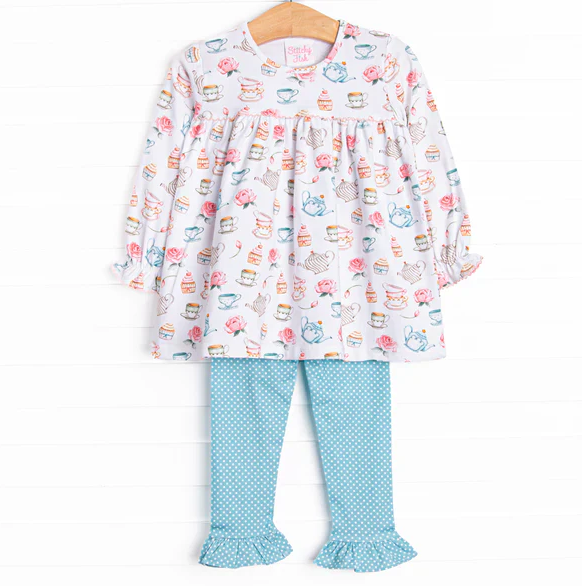 5.8 MOQ 5 Baby Girls Long Sleeves Cakes Tunic Blue Ruffle pants Set Preorder