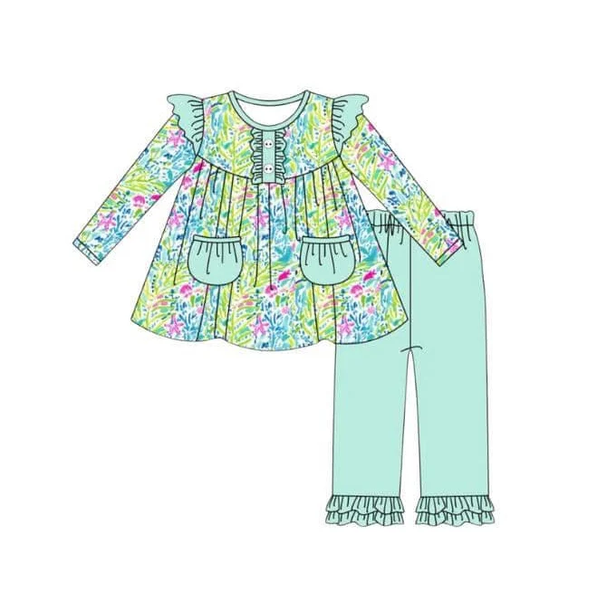 5.9 MOQ 5 Baby Girls Colorful tropical Floral Long Sleeve Pants Set