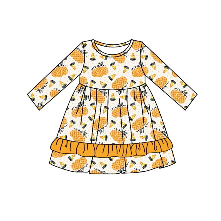 5.10 Preorder moq 5 Baby Girls Long Sleeves Yellow Pumpkins Ruffle Knee Length Dresses