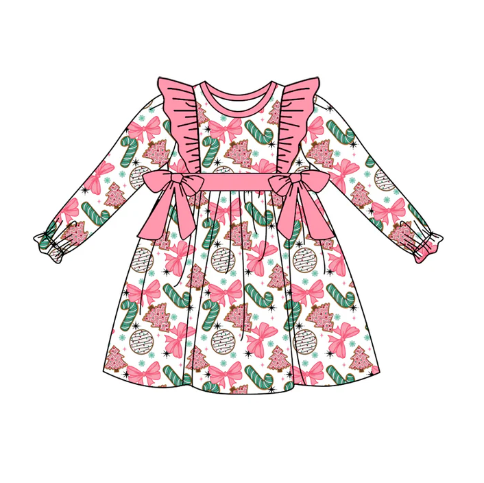 5.10 Preorder moq 5 Baby Girls Long Ruffle Sleeves Candy Cane Pink Bows Knee Length Dresses