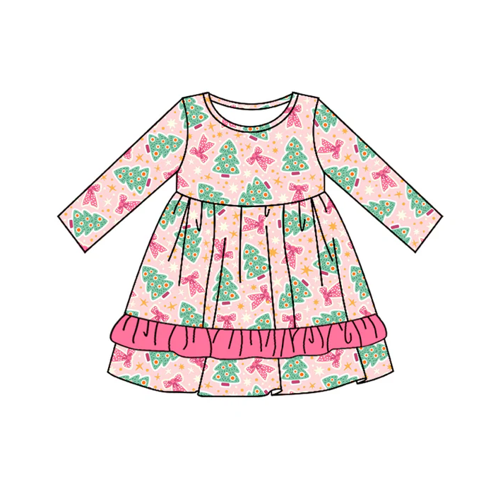 5.10 Preorder moq 5 Baby Girls Pink Long Sleeves Trees Bows Ruffle Knee Length Dresses