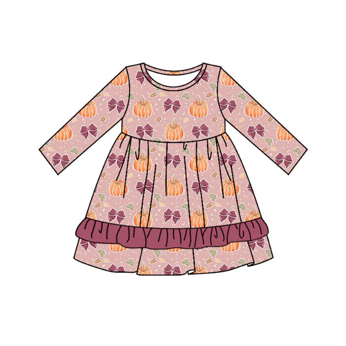 5.10 Preorder moq 5 Baby Girls Lavender Long Sleeves Bows Pumpkins Ruffle Knee Length Dresses