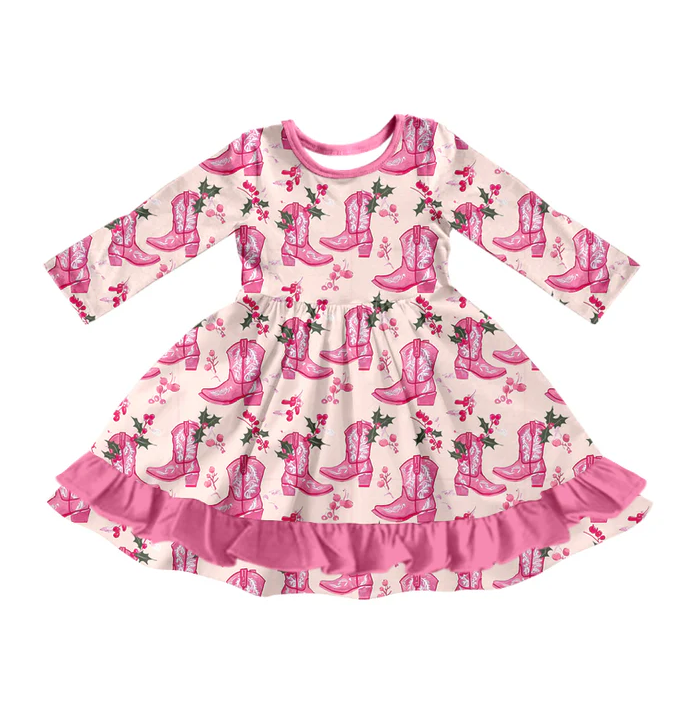 5.10 Preorder moq 5 Baby Girls Pink Long Sleeves Floral Boots Ruffle Knee Length Dresses