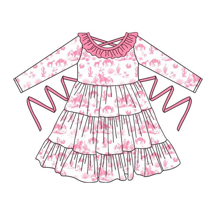 5.10 Preorder moq 5 Baby Girls Long Sleeves Pink Boots Flowers With Belt Ruffle Knee Length Dresses