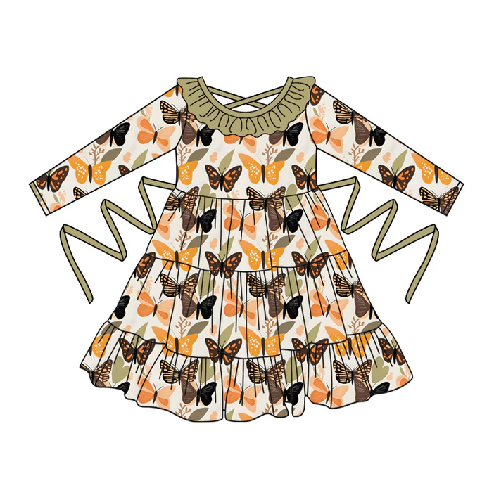 5.10 Preorder moq 5 Baby Girls Long Sleeves Colorful Butterfly With Belt Ruffle Knee Length Dresses