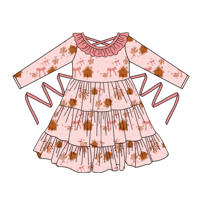 5.10 Preorder moq 5 Baby Girls Pink Long Sleeves Bows Houses With Belt Ruffle Knee Length Dresses