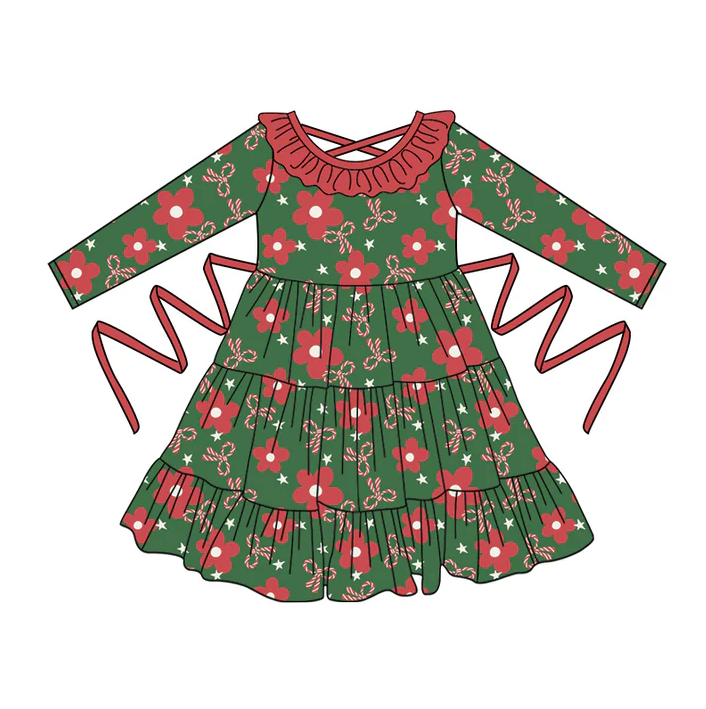 5.10 Preorder moq 5 Baby Girls Dark Green Long Sleeves Bows Flowers With Belt Ruffle Knee Length Dresses