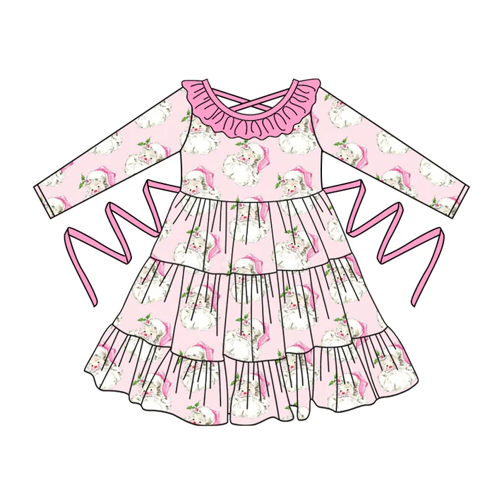 5.10 Preorder moq 5 Baby Girls Pink Long Sleeves Santa With Belt Ruffle Knee Length Dresses