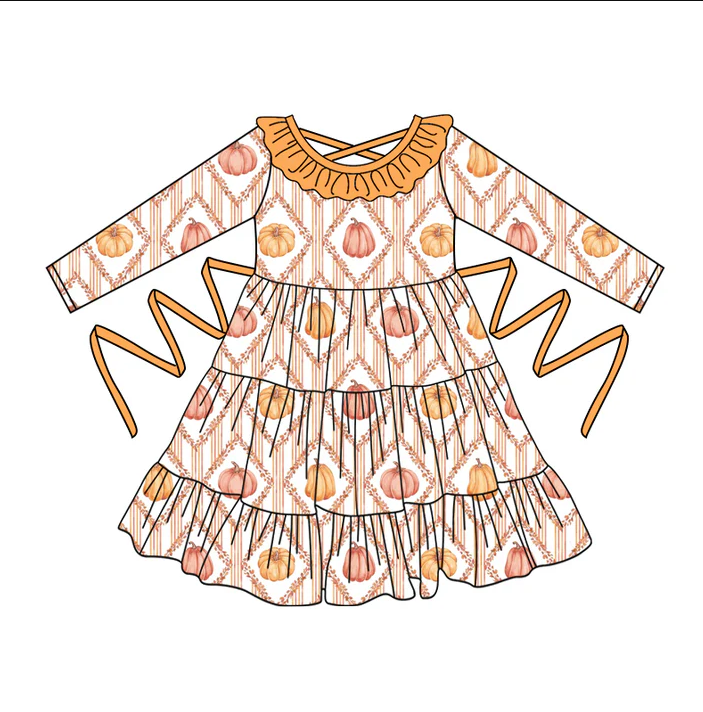 5.10 Preorder moq 5 Baby Girls Long Sleeves Pumpkins Plaid With Belt Ruffle Knee Length Dresses
