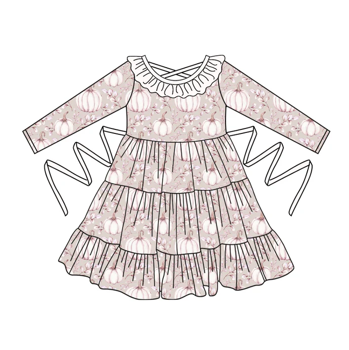 5.10 Preorder moq 5 Baby Girls Creamy White Long Sleeves Leaves Pumpkins With Belt Ruffle Knee Length Dresses