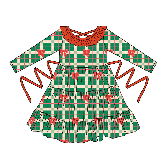 5.10 Preorder moq 5 Baby Girls Green Plaid Long Sleeves Red Bows With Belt Ruffle Knee Length Dresses
