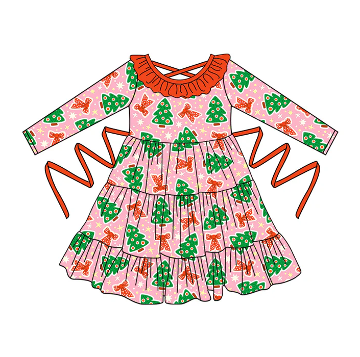 5.10 Preorder moq 5 Baby Girls Pink Long Sleeves Bows Trees With Belt Ruffle Knee Length Dresses