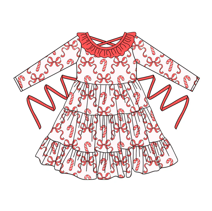 5.10 Preorder moq 5 Baby Girls Long Sleeves Red Bows Candy Cane With Belt Ruffle Knee Length Dresses