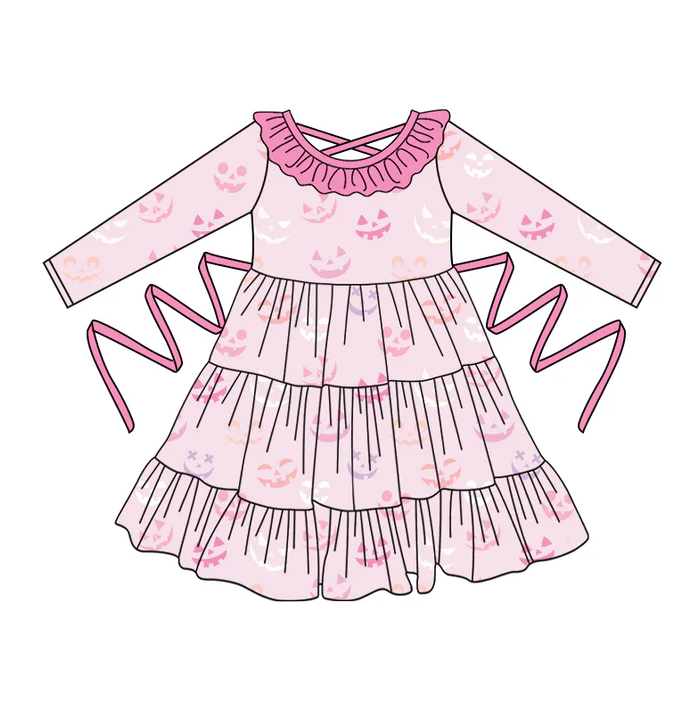 5.10 Preorder moq 5 Baby Girls Pink Long Sleeves Ghosts Smiles With Belt Ruffle Knee Length Dresses
