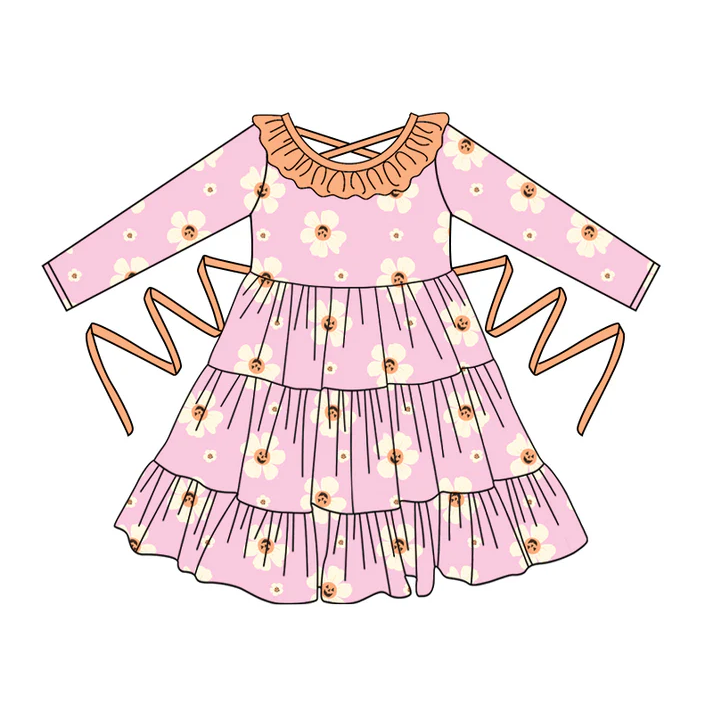 5.10 Preorder moq 5 Baby Girls Pink Long Sleeves Smiles Flowers With Belt Ruffle Knee Length Dresses