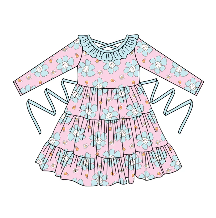 5.10 Preorder moq 5 Baby Girls Pink Long Sleeves Blue Flowers With Belt Ruffle Knee Length Dresses