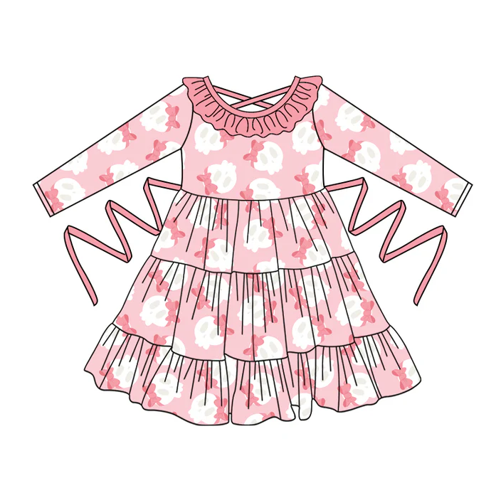 5.10 Preorder moq 5 Baby Girls Pink Long Sleeves Bows Ghosts With Belt Ruffle Knee Length Dresses